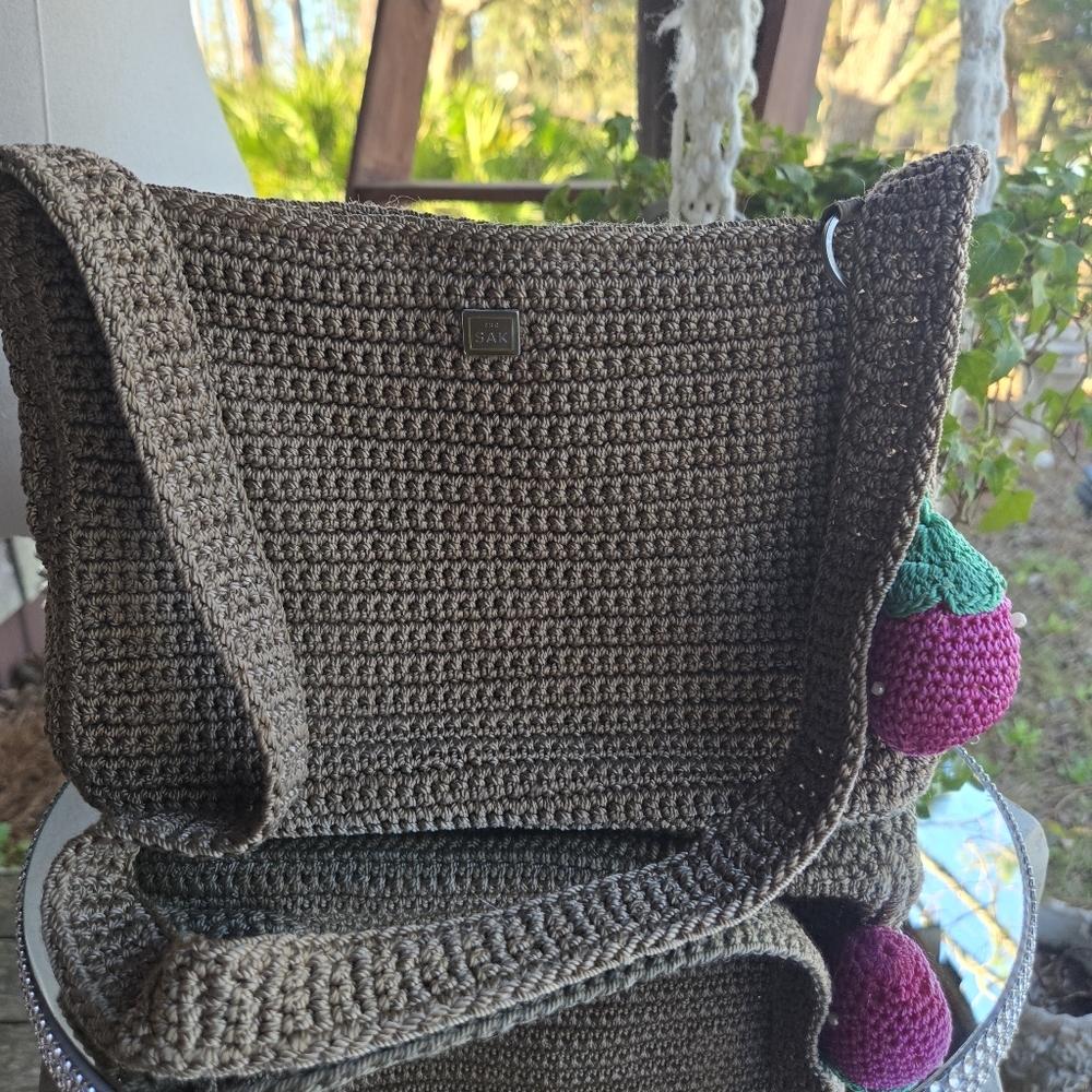 The Sak Mocha Tan Crochet Shoulder Bag With Strawberry Keychain